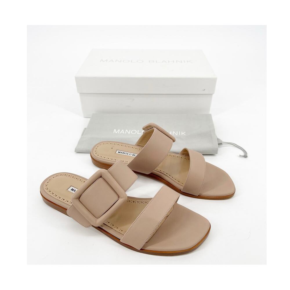 Manolo Blahnik Tituba Nude Tan Leather Buckle Open Toe Flat Sandals IT 39